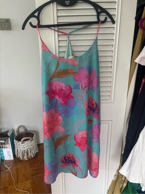Turquoise Floral Slip Dress with Pink & Magenta Blooms